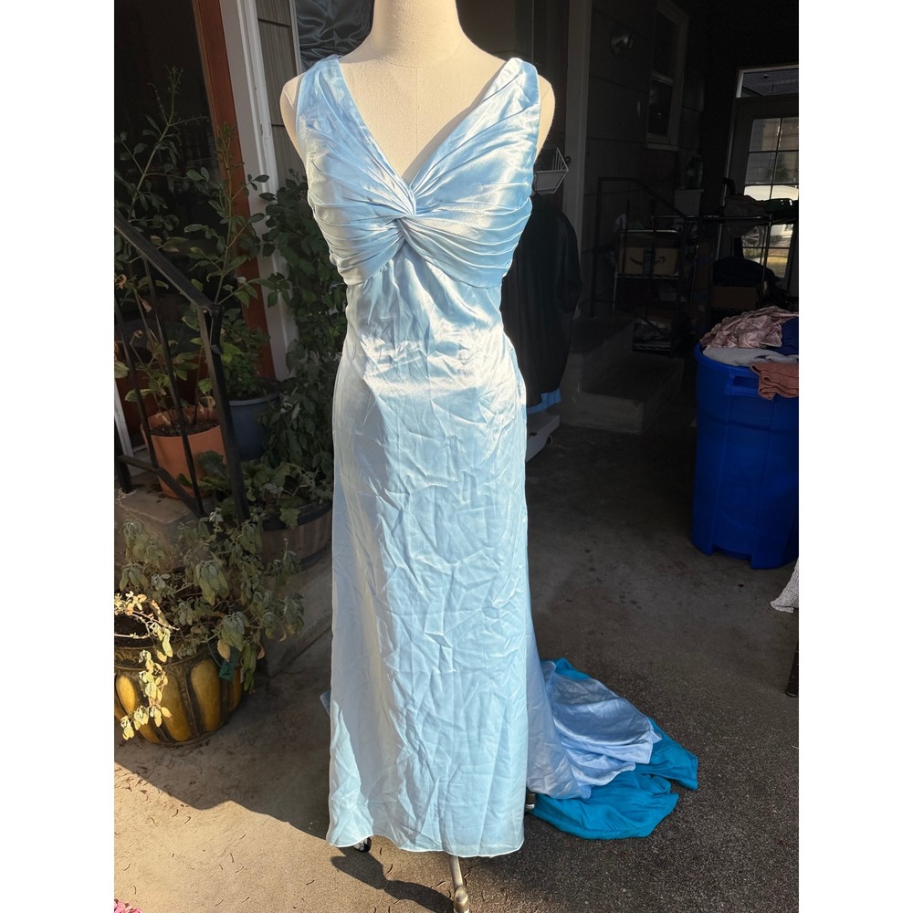 Ice Blue Satin Maxi Gown Sz 8 Twist Front Backless Train Formal Prom Bridesmaid